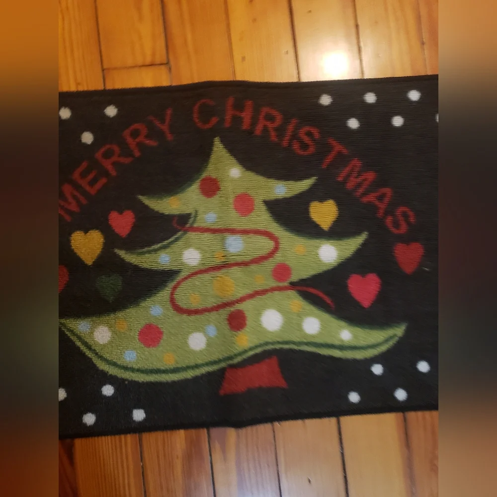 Merry Christmas Tree Doormat Rug Black W Colorful Hearts Polka Dot Snow